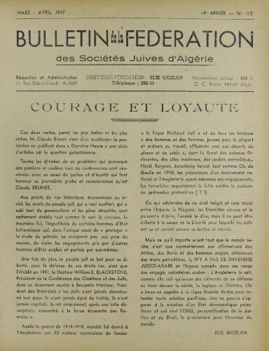 Bulletin de la Fédération des sociétés juives d’Algérie  V°14 N°112 (01/03/1947)